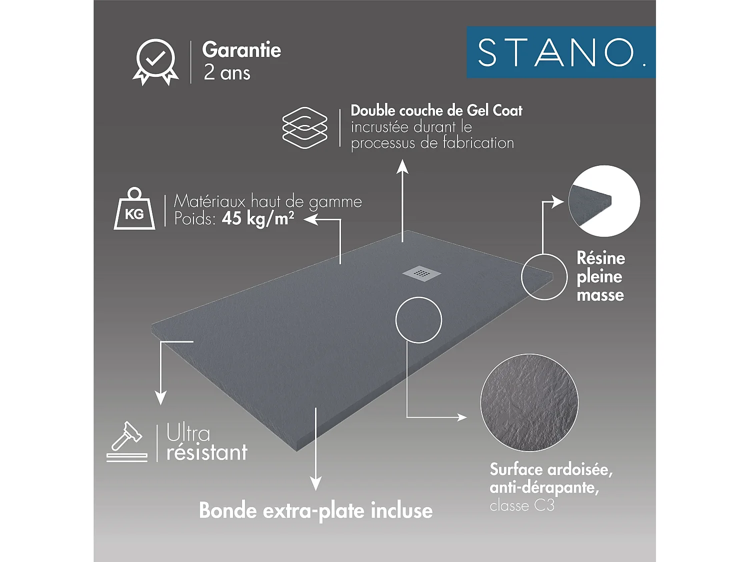 Piatto doccia ultrasottile 80 x 160 cm QUERA in resina finitura ardesia bianco