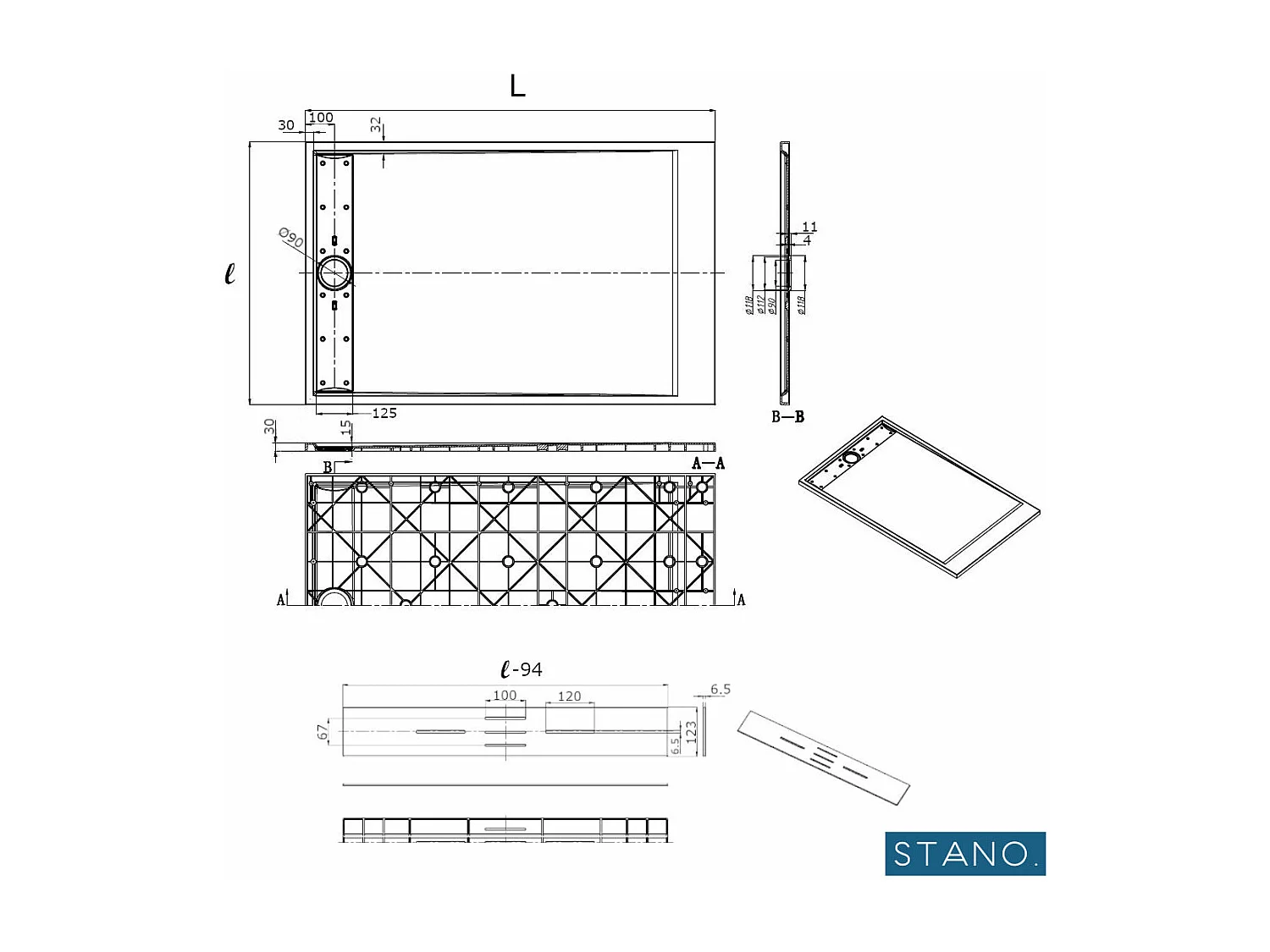 Receveur de douche 90 x 150 cm extra plat SALVI en SoliCast® surface ardoisée noir