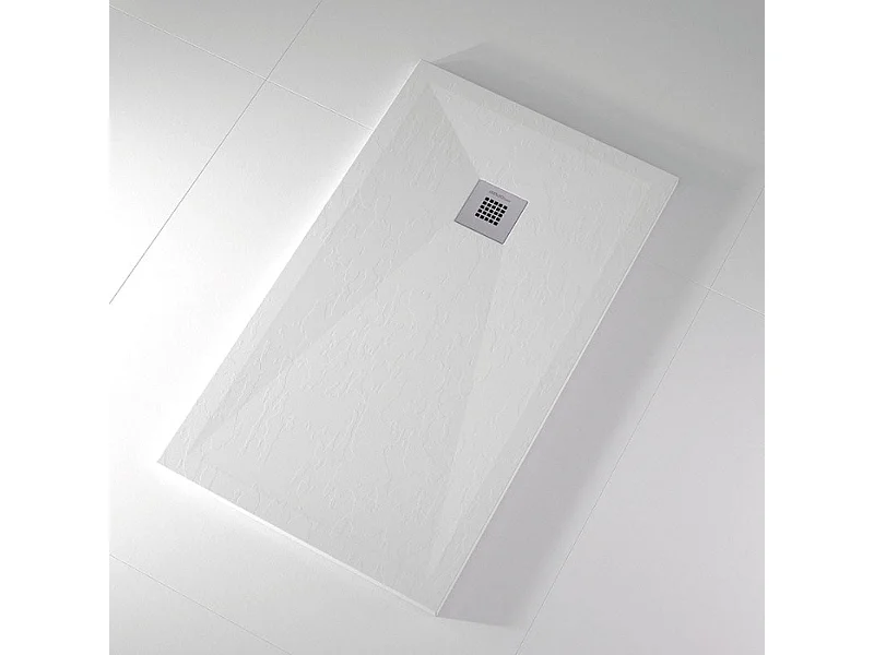 Mineralguss-Duschwanne extra flach ONDA Schieferoptik WEIß 70x70 cm  Ablaufschutz in Chrom