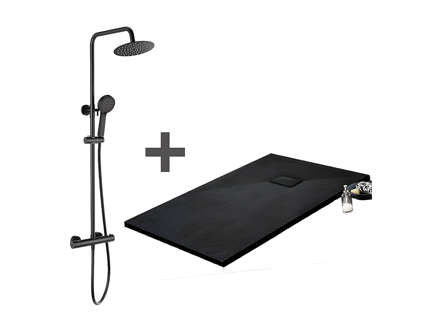 Pack Receveur de douche 80 x 100 cm extra plat noir + Colonne de douche thermostatique