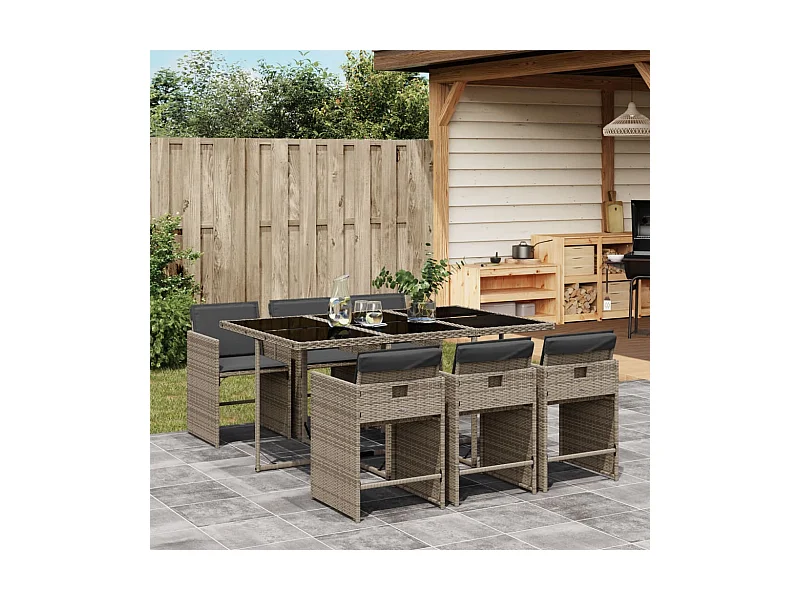 Set comedor jardín 7 piezas y cojines ratán sintético gris