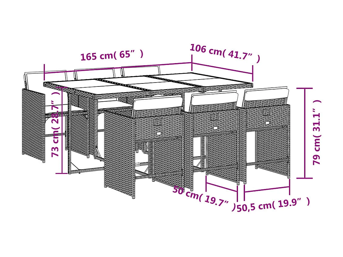 Set comedor jardín 7 piezas y cojines ratán sintético gris