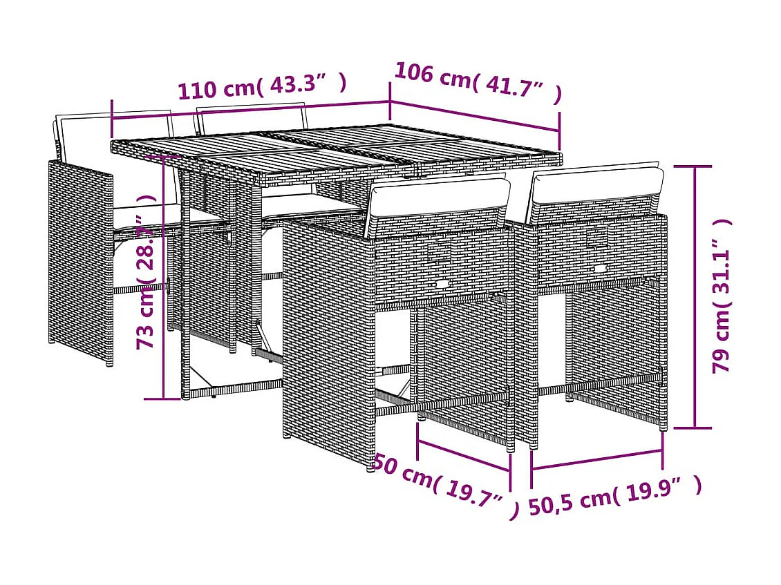 Set comedor de jardín 5 piezas con cojines ratán sintético beige