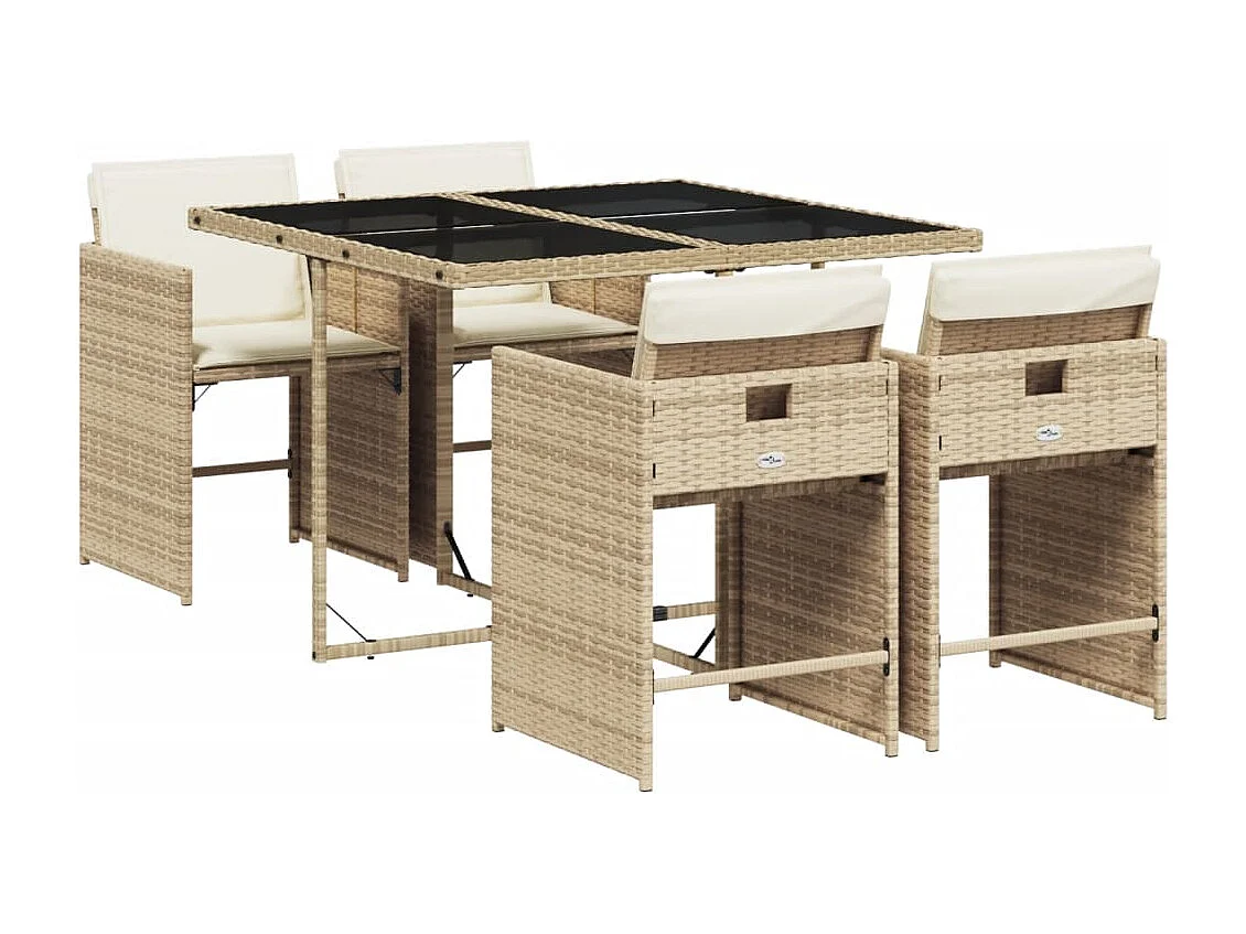 Ensemble à manger de jardin avec coussins 5 pièces Beige poly rotin