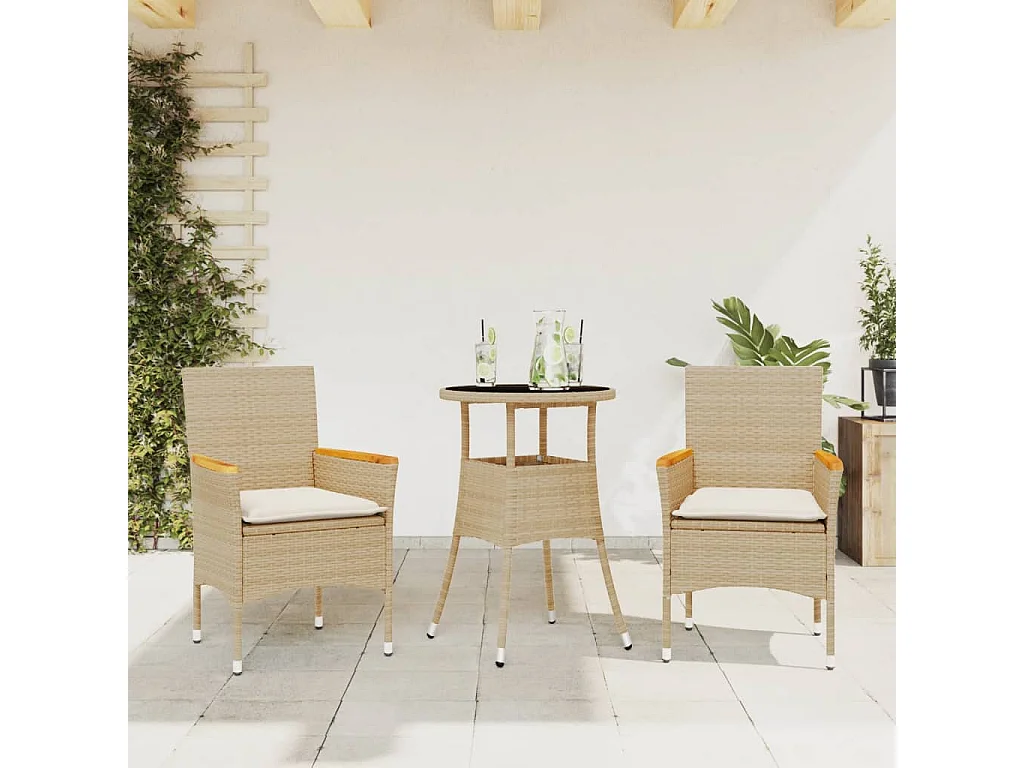 Ensemble à manger de jardin et coussins 3 pièces beige rotin verre