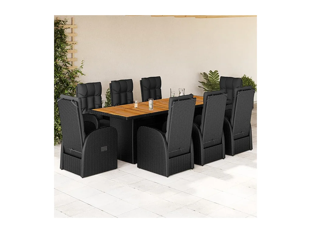 9 peças conjunto de jantar para jardim com almofadões vime PE preto