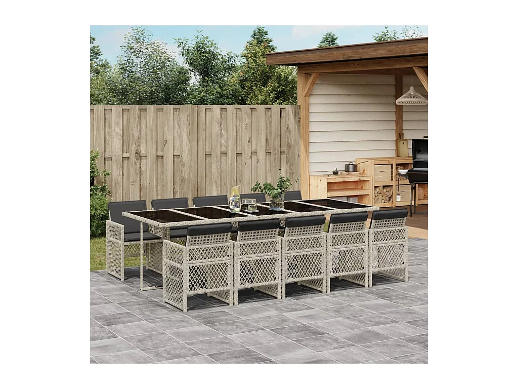 Ensemble à manger de jardin 11 pièces avec coussins gris poly rotin