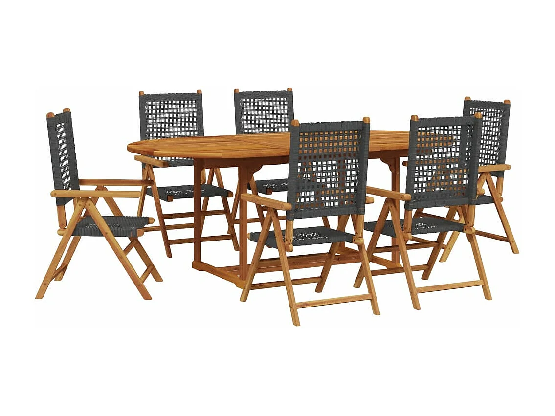 Ensemble à manger de jardin 7 pièces noir rotin et bois massif