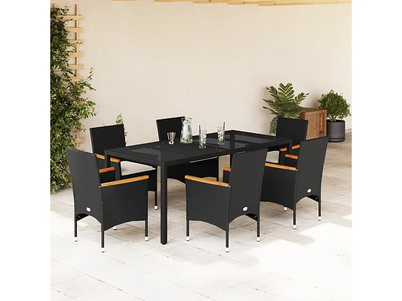 Set comedor jardín 7 piezas cojines ratán sintético vidrio negro