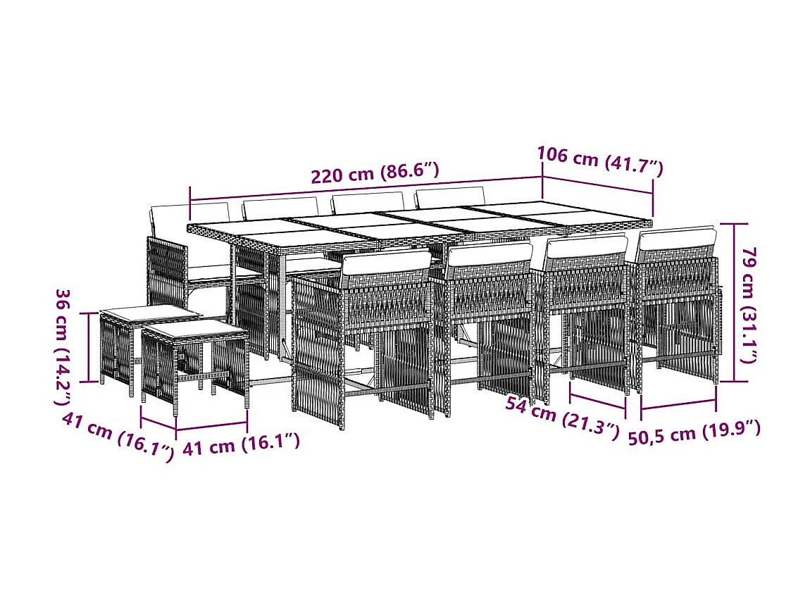 13-delige Tuinset met kussens poly rattan grijs