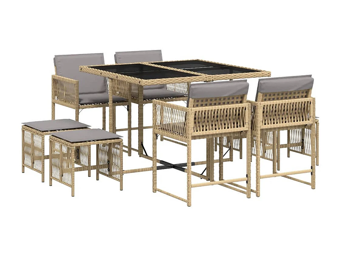 Set comedor de jardín 9 piezas con cojines ratán sintético beige