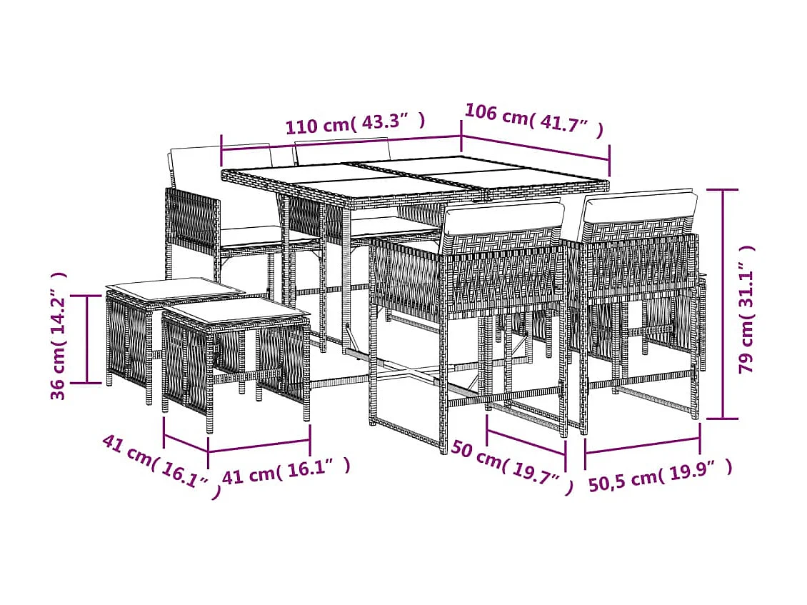 Set comedor de jardín 9 piezas con cojines ratán sintético beige
