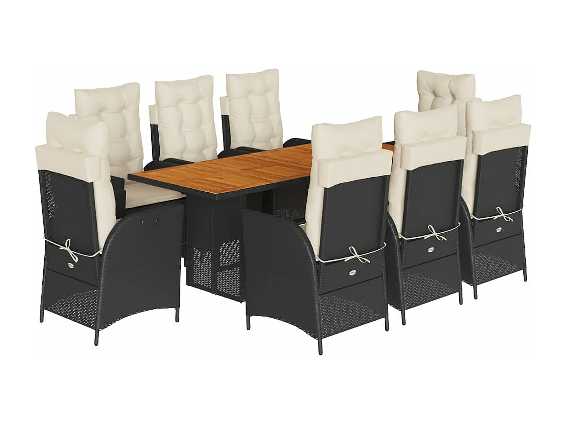 Set de comedor de jardín 9 piezas y cojines ratán sintético negro