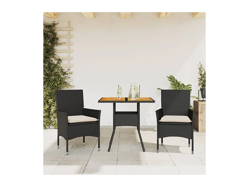 Ensemble à manger de jardin et coussins 3 pièces noir rotin acacia