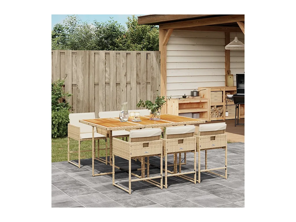 Ensemble à manger de jardin et coussins 7 pièces beige poly rotin
