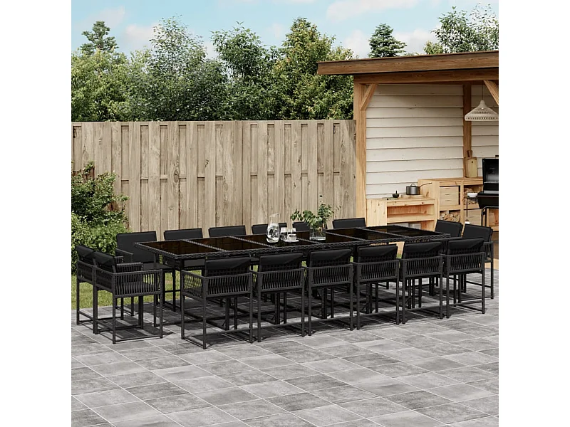 Set de muebles jardín 17 piezas con cojines ratán sintético negro