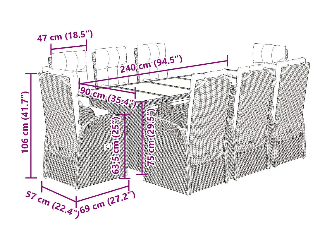 Ensemble à manger de jardin 9 pièces coussins noir résine tressée