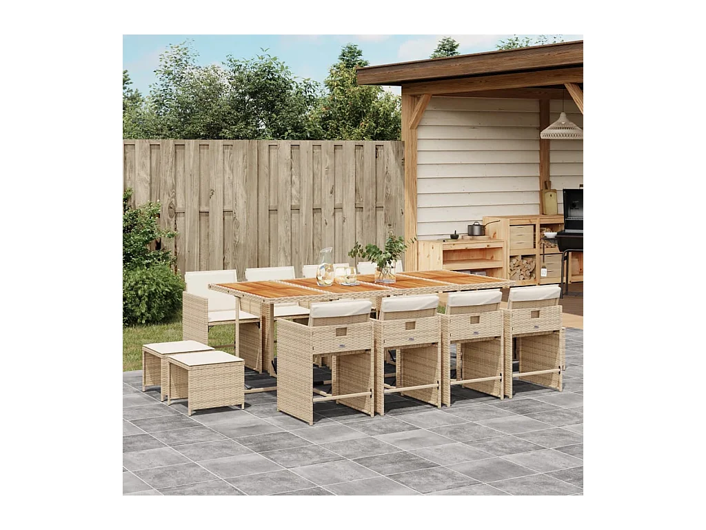 Ensemble à manger de jardin et coussins 13 pièces beige