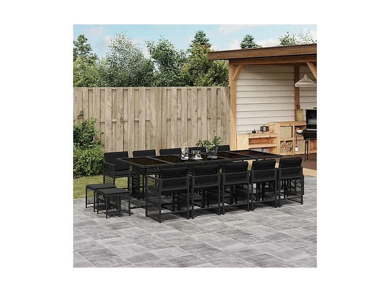 15 peças conjunto de jantar parajardim com almofadões vime PE preto