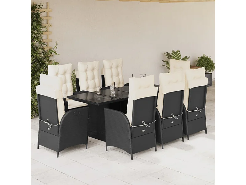 Set de comedor de jardín 9 piezas y cojines ratán sintético negro