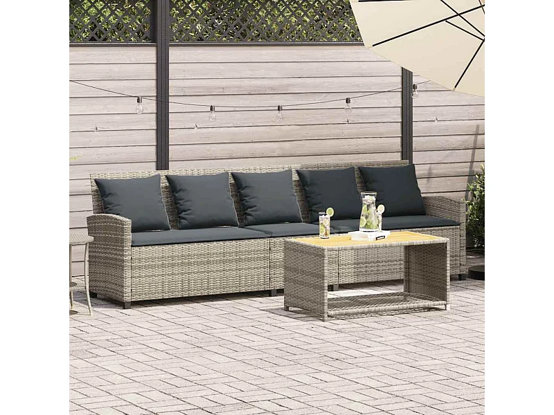 Tuinbank 5-zits met kussens poly rattan lichtgrijs