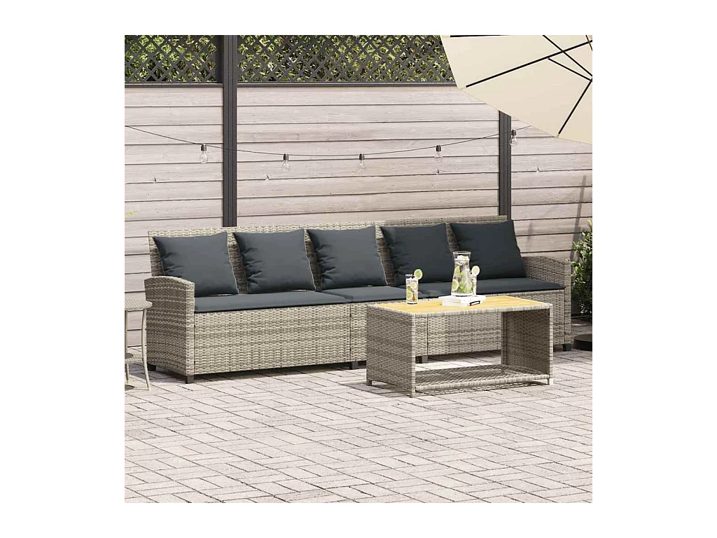 Canapé de jardin et coussins 5 places gris clair résine tressée