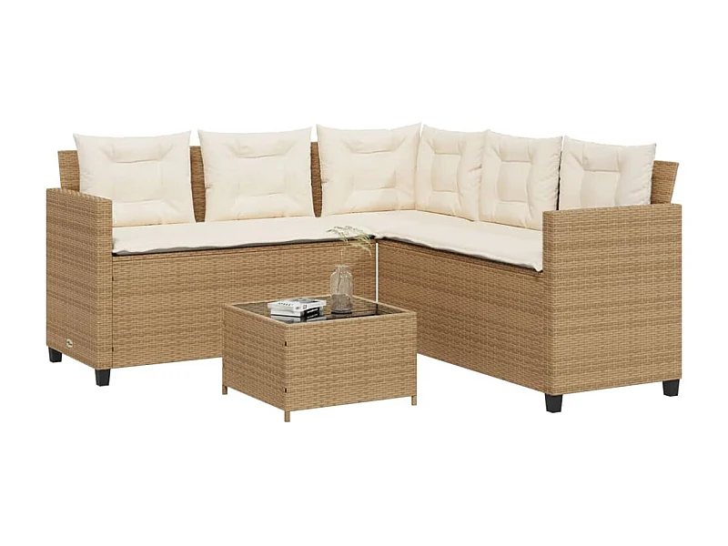 Tuinbank met tafel en kussens L-vormig poly rattan beige