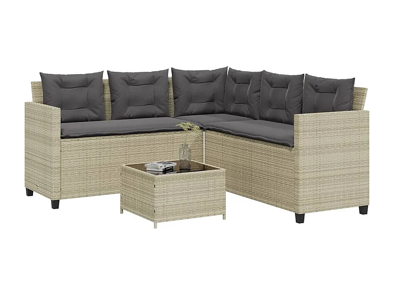 Tuinbank met tafel en kussens L-vormig poly rattan lichtgrijs