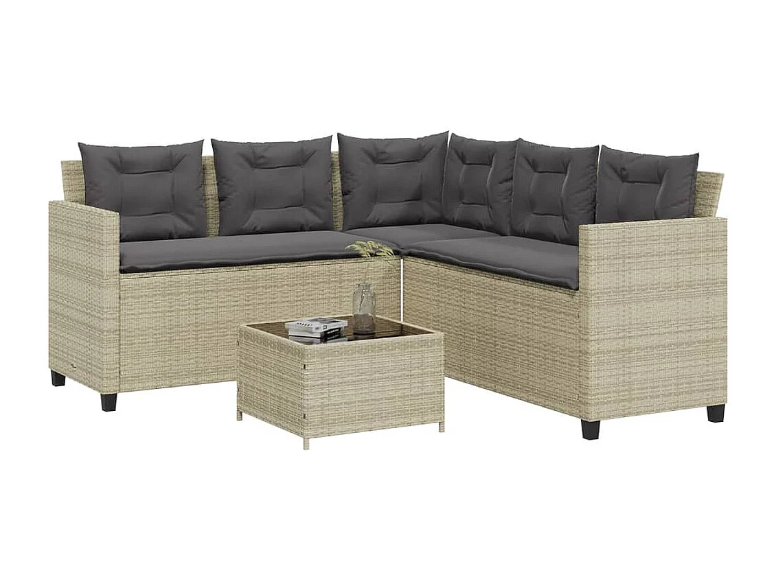 Tuinbank met tafel en kussens L-vormig poly rattan lichtgrijs
