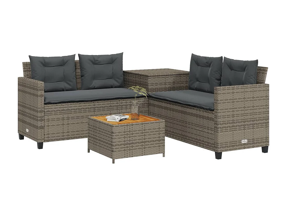 Tuinbank met tafel en kussens L-vormig poly rattan grijs