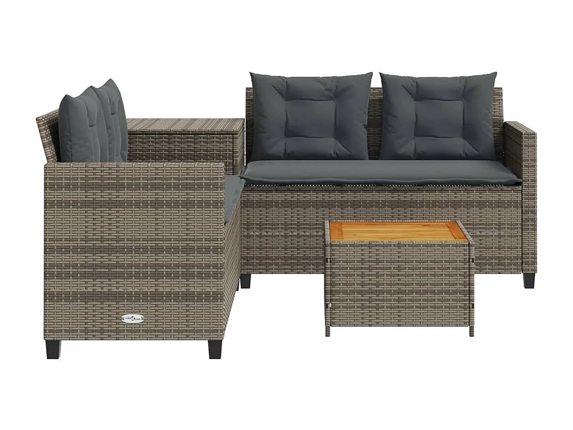 Tuinbank met tafel en kussens L-vormig poly rattan grijs