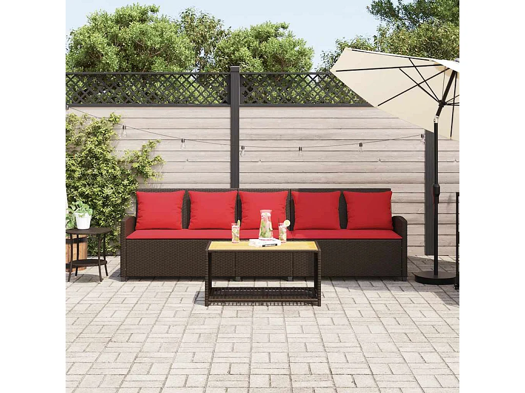 Tuinbank 5-zits met kussens poly rattan bruin