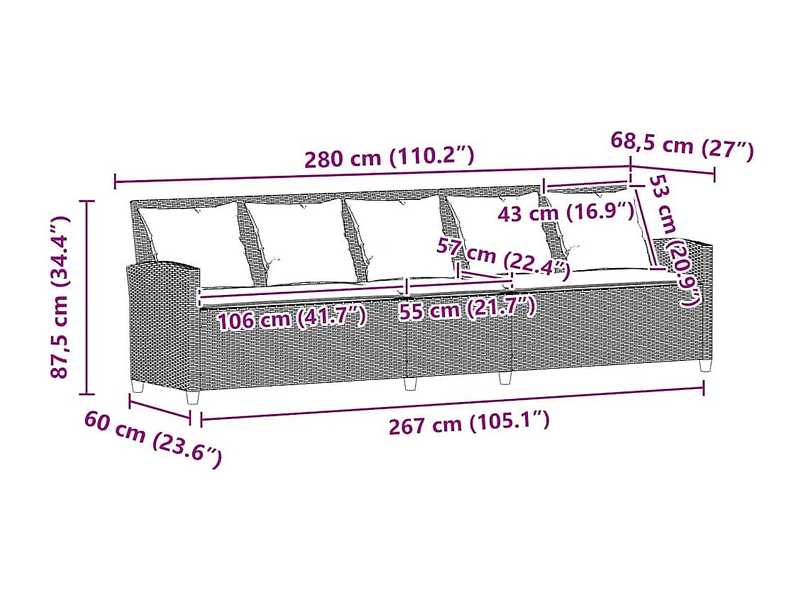 Tuinbank 5-zits met kussens poly rattan bruin