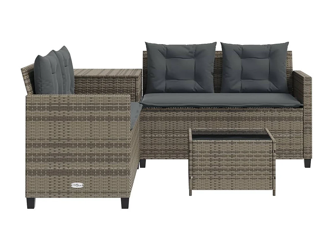 Sofá de jardim forma de L com mesa e almofadões vime PE cinzento