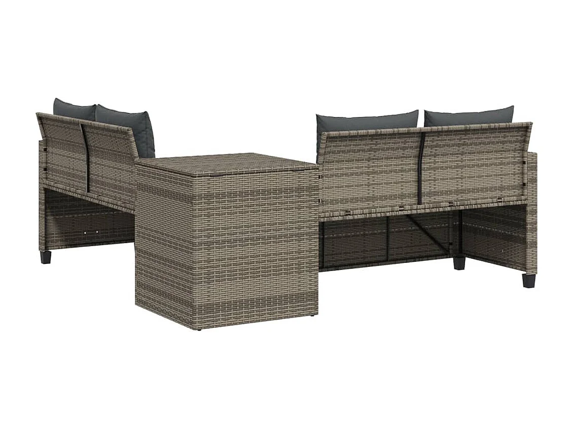 Sofá de jardim forma de L com mesa e almofadões vime PE cinzento