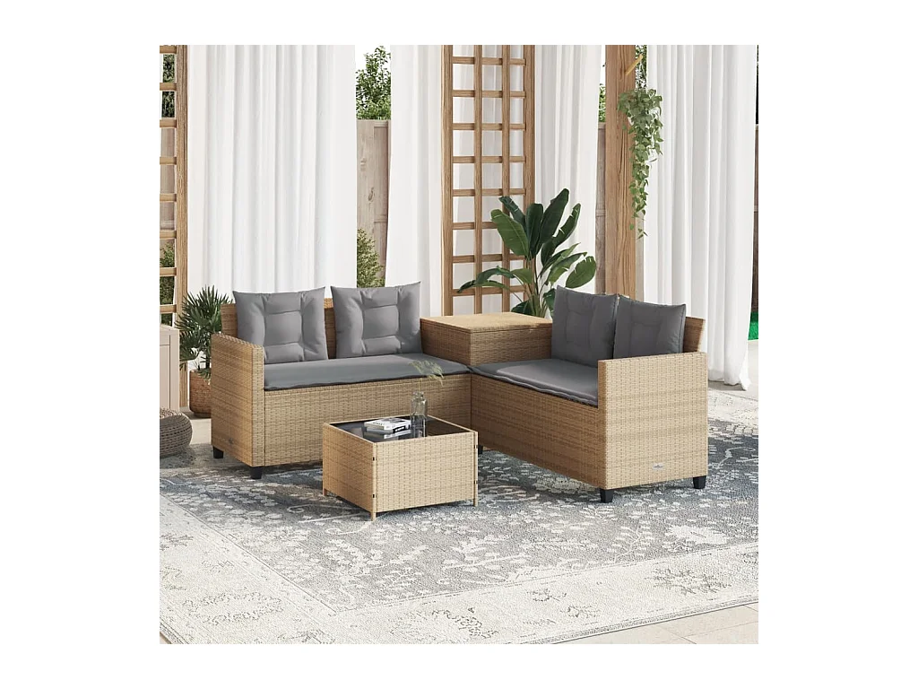 Canapé de jardin avec table et coussins en forme de L beige