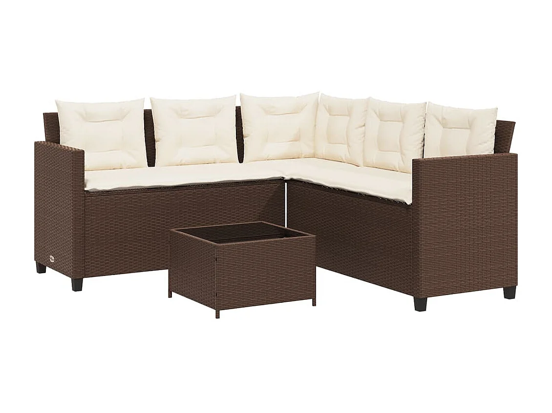 Tuinbank met tafel en kussens L-vormig poly rattan bruin