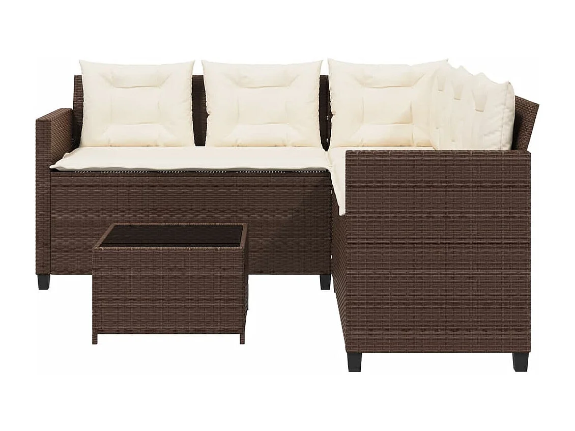 Tuinbank met tafel en kussens L-vormig poly rattan bruin