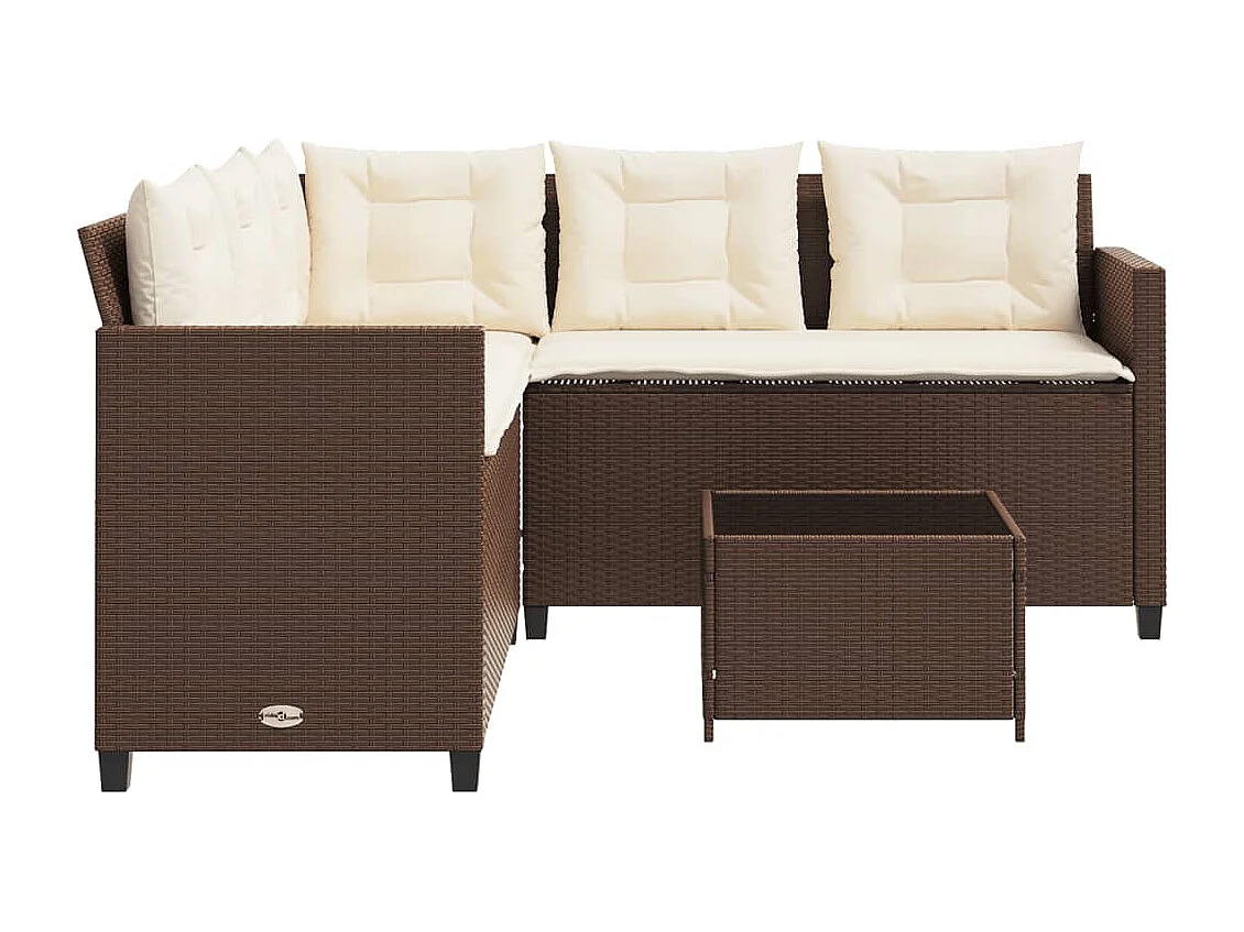 Tuinbank met tafel en kussens L-vormig poly rattan bruin