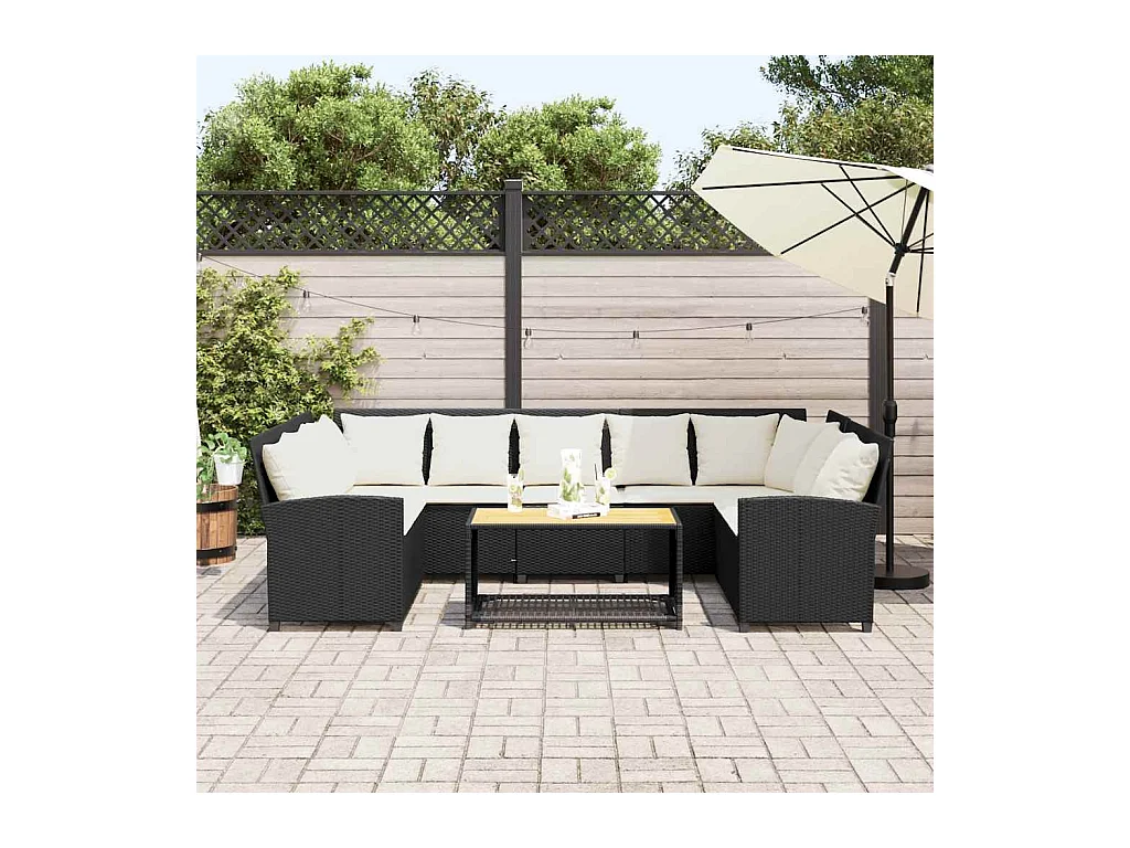 Canapé de jardin avec coussins Noir Résine tressée