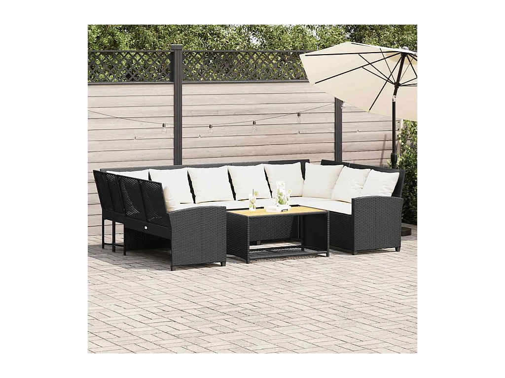Canapé de jardin avec coussins Noir Résine tressée