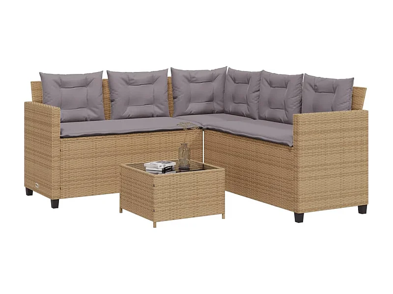 Tuinbank met tafel en kussens L-vormig poly rattan beige