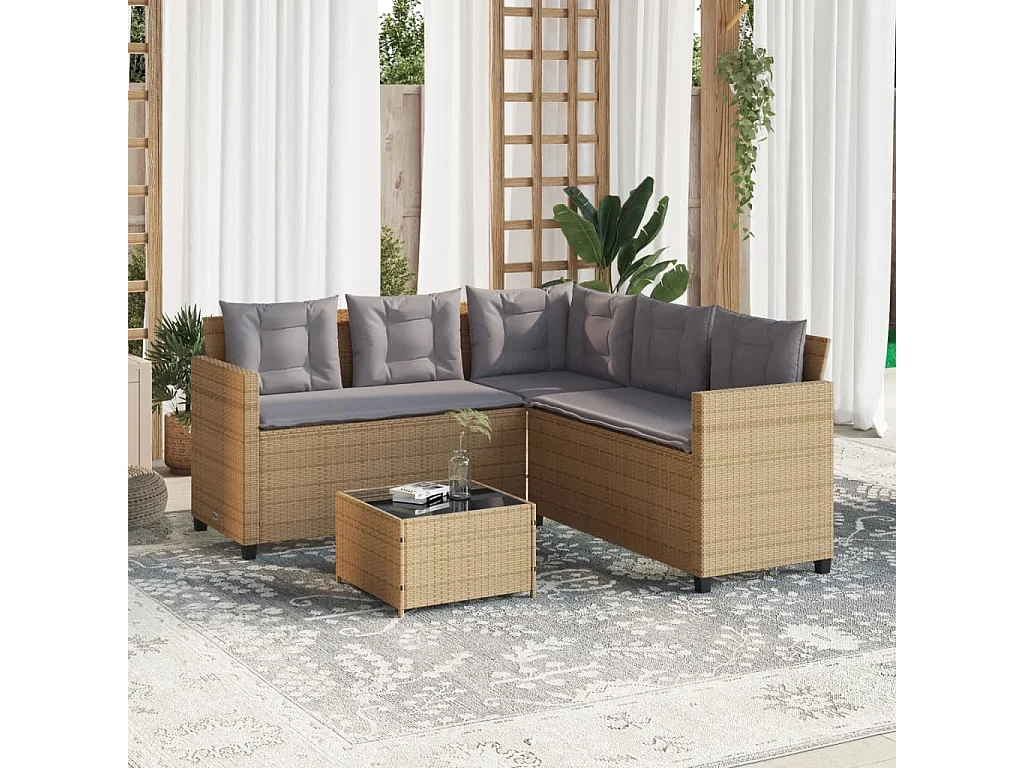 Canapé de jardin avec table et coussins en forme de L beige