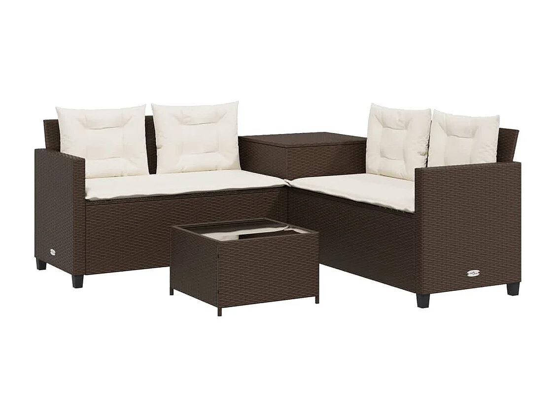 Tuinbank met tafel en kussens L-vormig poly rattan bruin