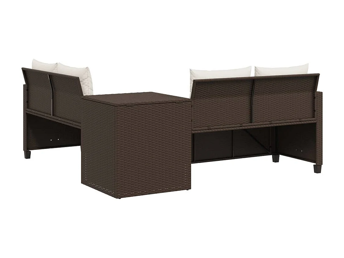 Tuinbank met tafel en kussens L-vormig poly rattan bruin