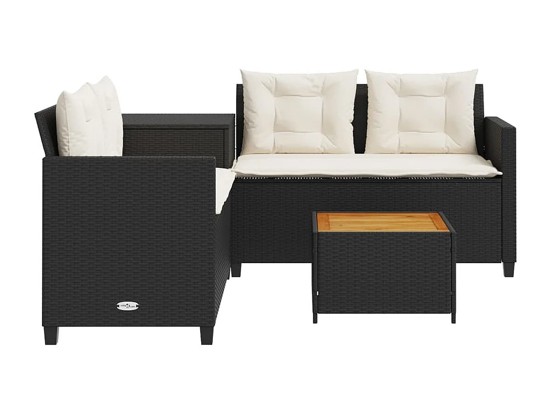 Tuinbank met tafel en kussens L-vormig poly rattan zwart