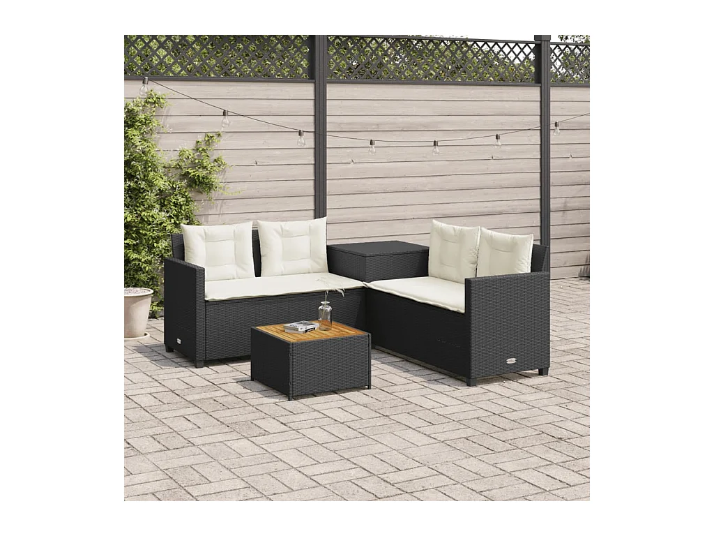 Canapé de jardin avec table et coussins en forme de L noir