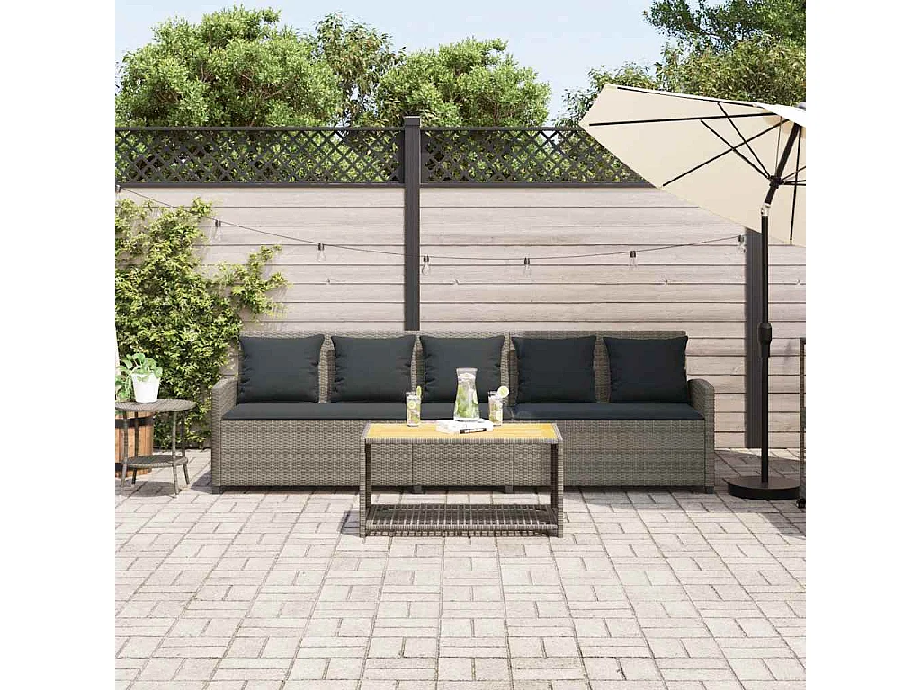 Tuinbank 5-zits met kussens poly rattan grijs