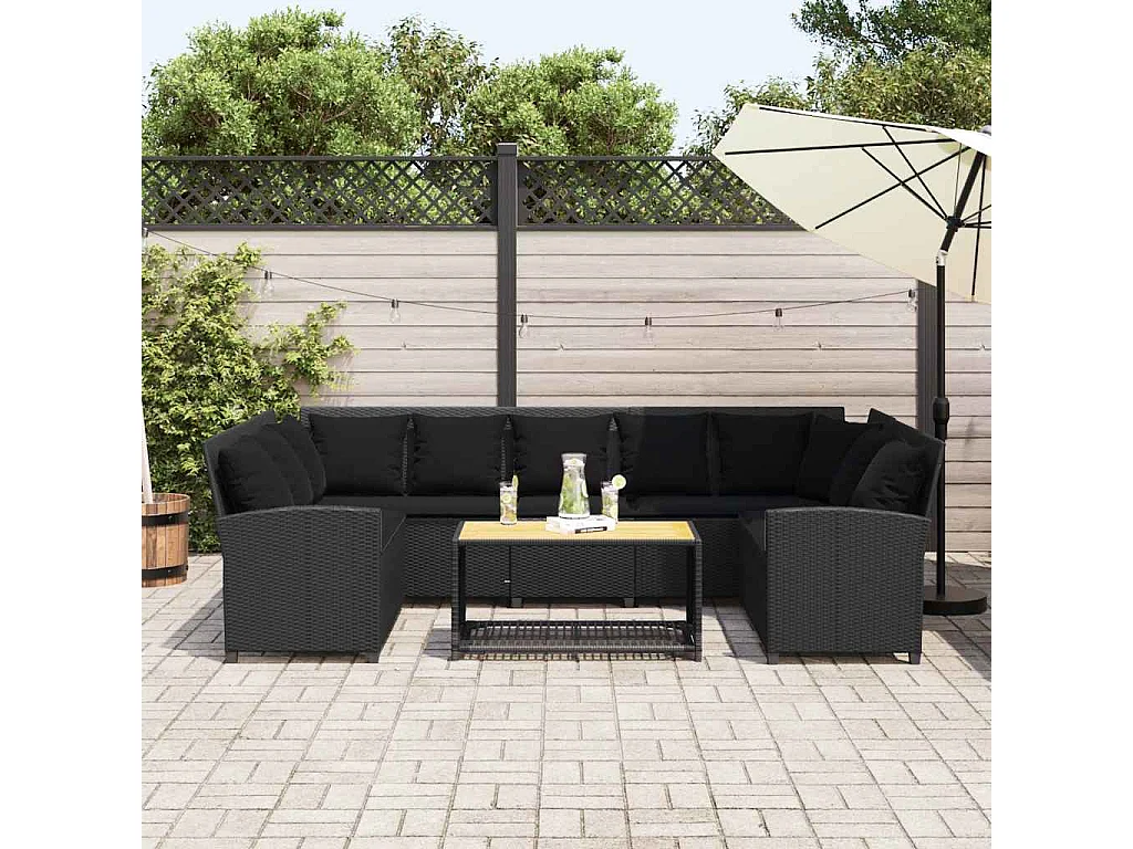 Canapé de jardin avec coussins Noir Résine tressée