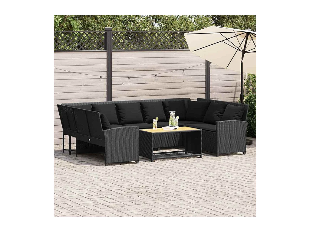 Canapé de jardin avec coussins Noir Résine tressée